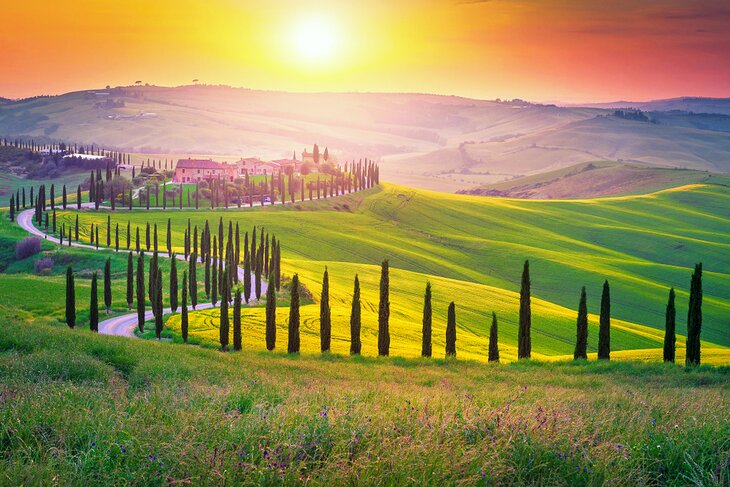 Road through Tuscany at sunset