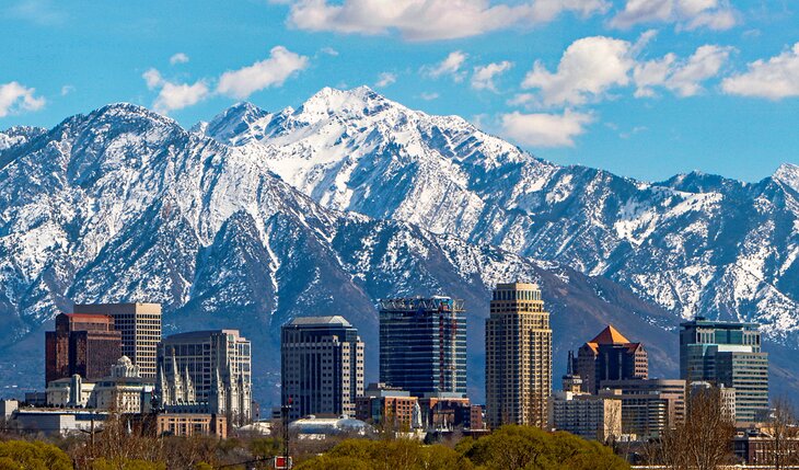 Salt Lake City skyline with the Wasatch Range in the background