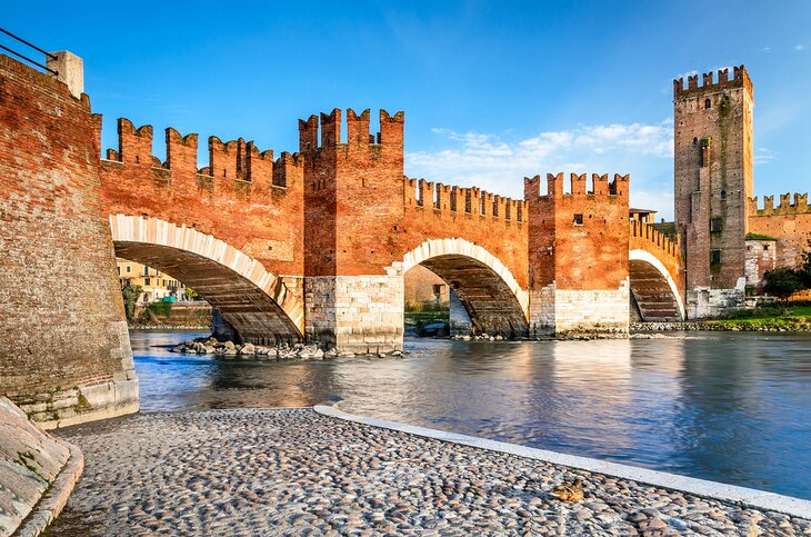 Adige River and Ponte Scaligero in Verona, Italy