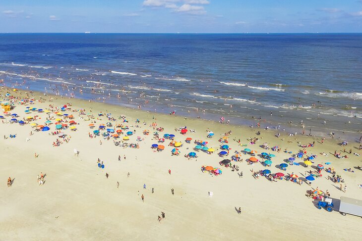 Aerial view of the beach in Galveston, Texas