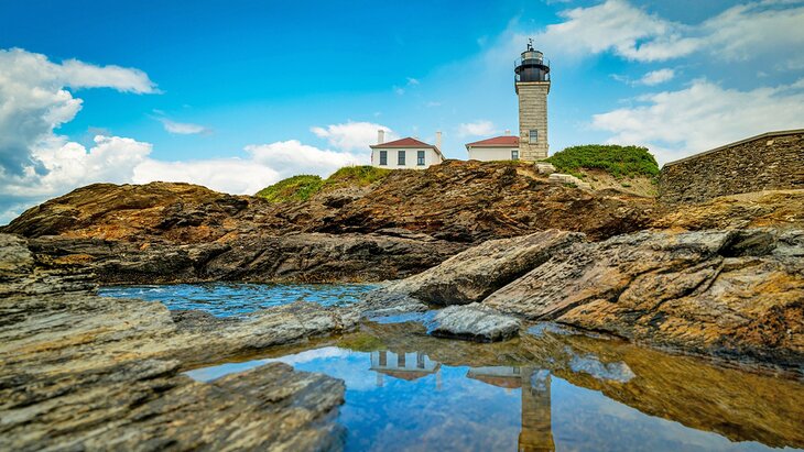 Waterfront view of Beavertail Lighthouse in Jamestown 