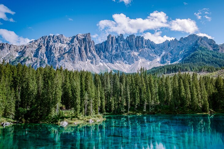 Lago di Carezza and Dolomites in the background
