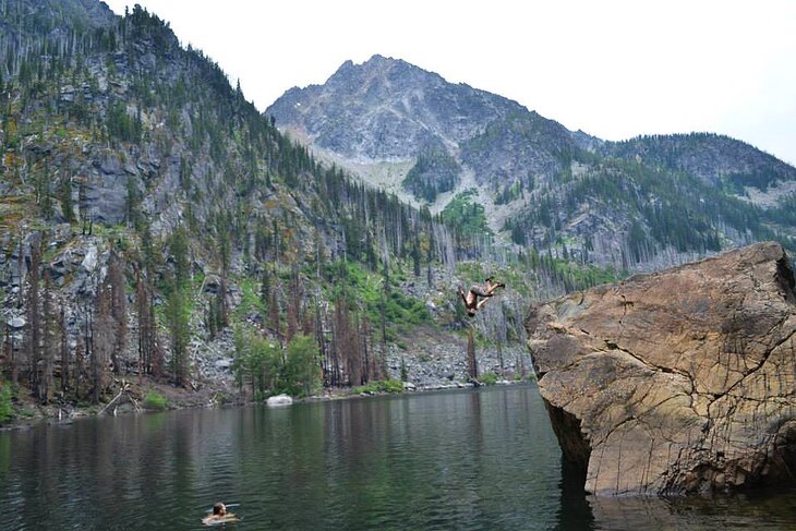 Author Brad Lane mid-jump at Stuart Lake