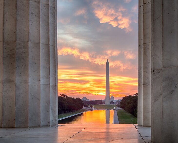 Sunrise at behind Washington Monument from the Lincoln Memorial