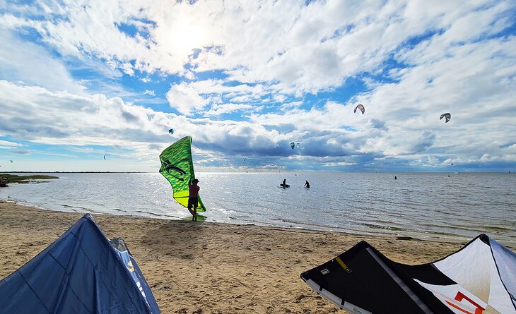 A kiteboarder launching at the Salvo Day Use area