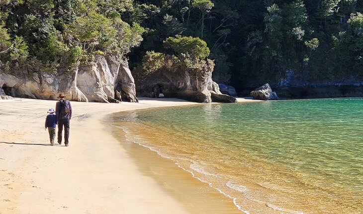Day hikers on a beach in Abel Tasman National Park